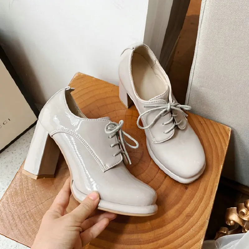 

ZawsThia Luxury Brand Patent PU Leather Block High Heels Lace-up Mature Office Lady Pumps Pink Womens Heels Shoes Plus Size 43