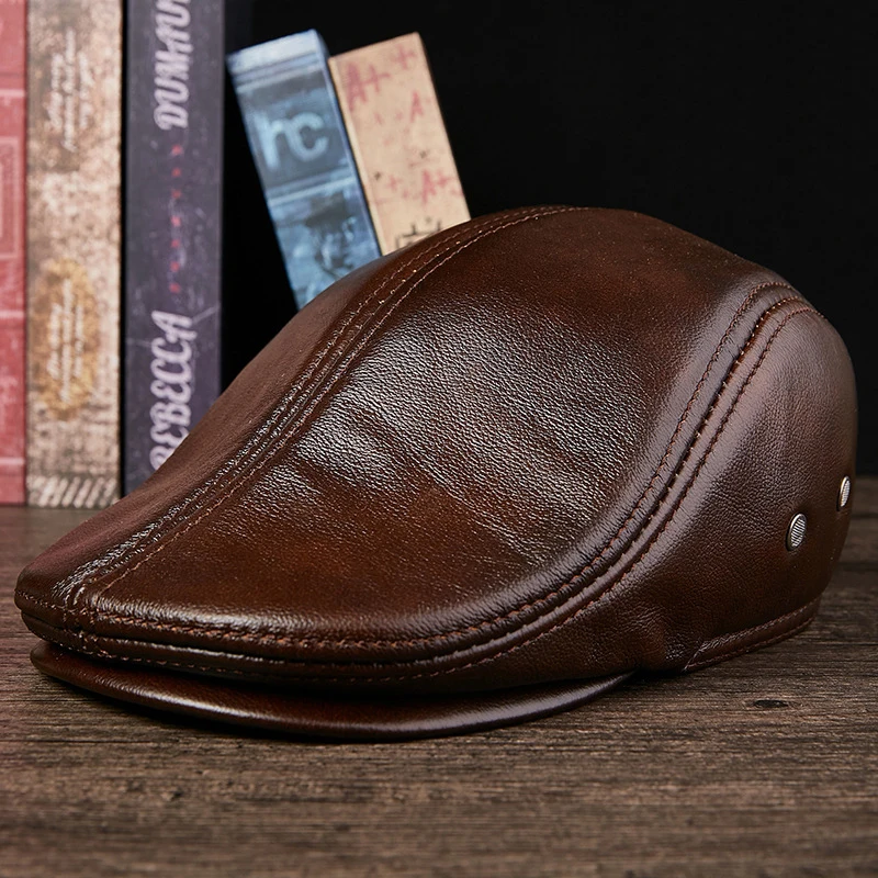 Кожаная шапка сезон осень-зима мужская из воловьей кожи модная зимняя с гусиным