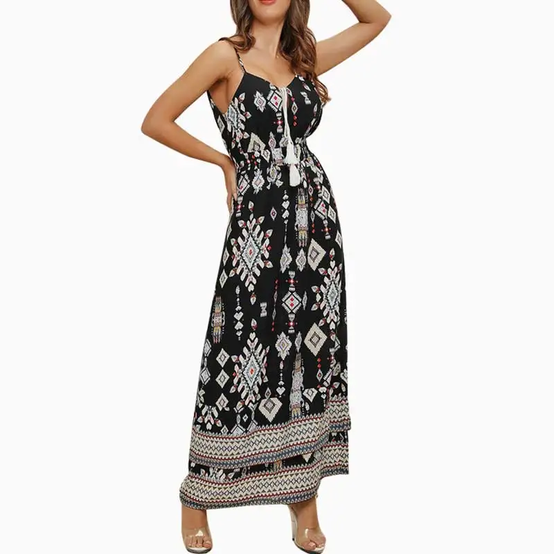 

Boho Print Maxi Dress A-line Sleeveless Straped Dresses For Women Elastic Waist Lace Up Long Black Dresses Backless Spring 2021