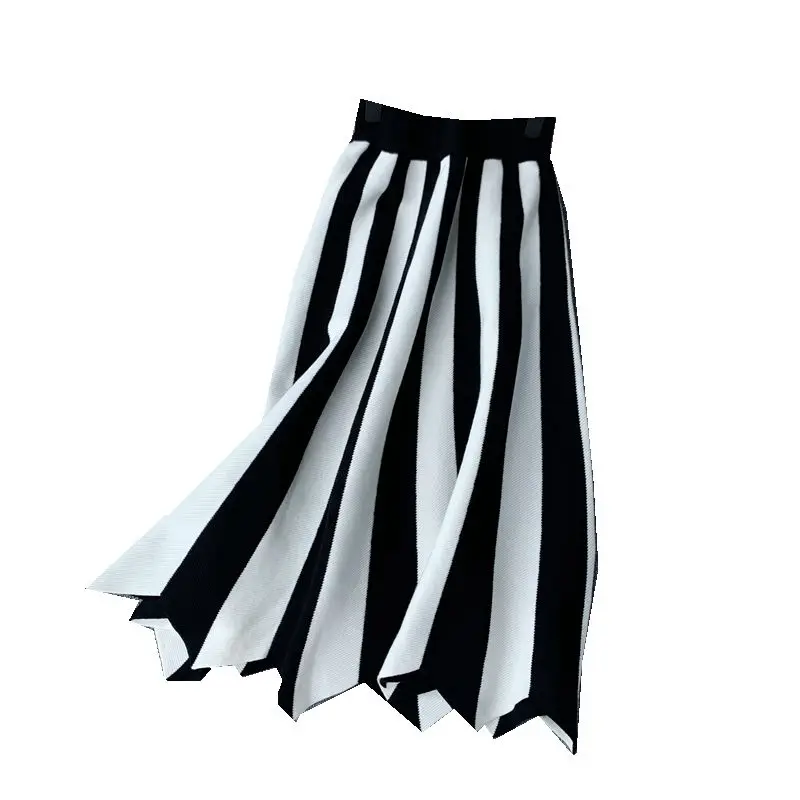 

Women's Knit Skirt Striped Color Blocked Autumn High Waist elastic A-line Big Swing Skirts Japan Harajuku Female Falda