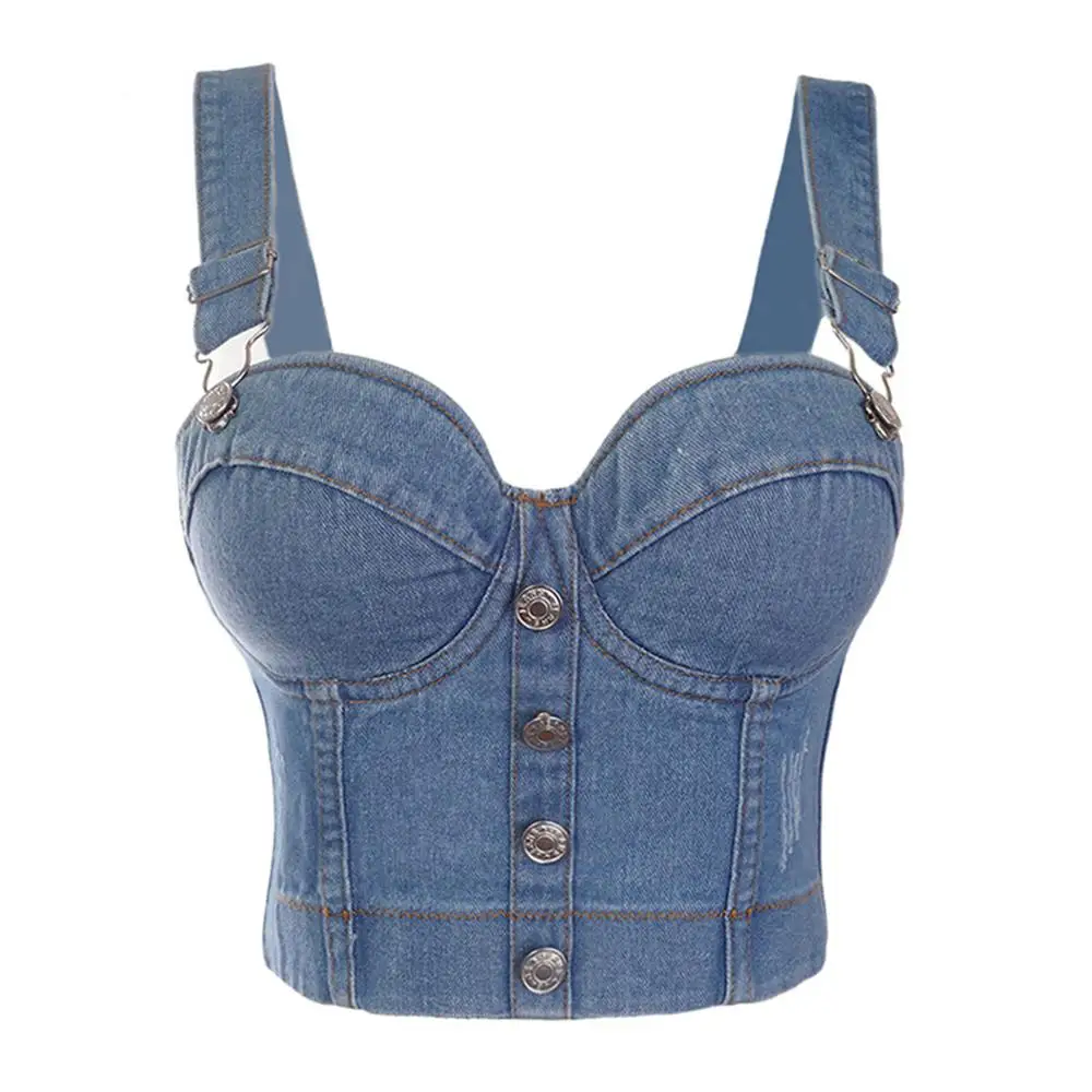 Fashion Sexy Denim Jeans Women's Button Bra Night Club Party Cropped Top Vest Plus Size