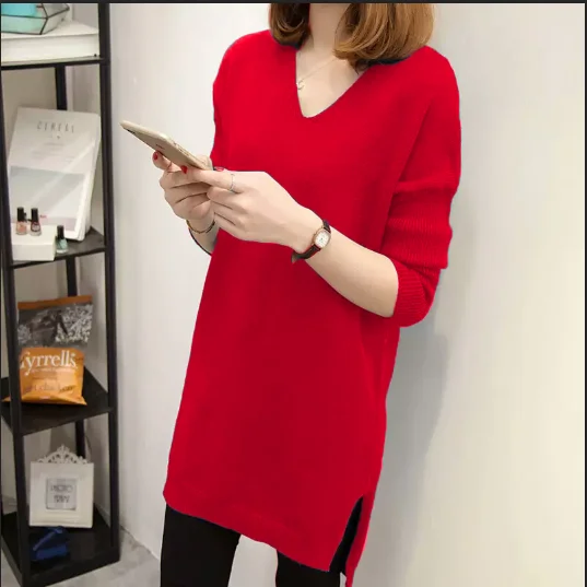 Red Большой размер 4XL, Модный женский пуловер, платье-свитер, Осень-зима, Свободный вязаный длинный свитер с v-образным вырезом, однотонный Повседневный Женский пуловер - Цвет: Red