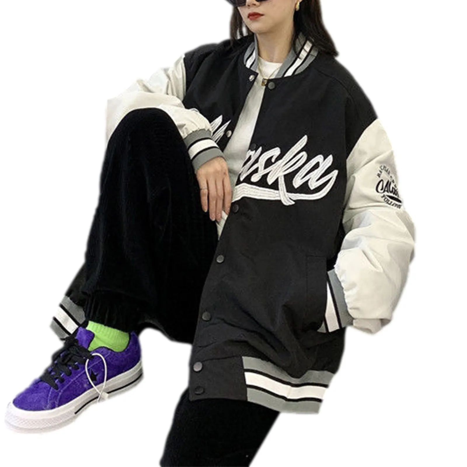 

Women Oversized Baseball Jackets Classic Letter Embroidery Long Sleeve Bomber Jackets Coats Autumn Fall Winter Clothing