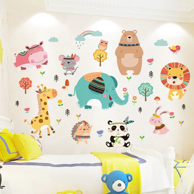 

[SHIJUEHEZI] Cartoon Animals Wall Stickers DIY Bear Lion Giraffe Hippo Mural Decals for Kids Rooms Baby Bedroom Home Decoration