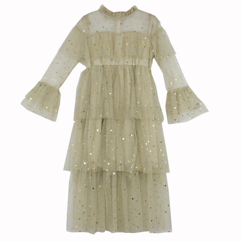 Платье для девочек весенне-летнее кружевное со звездами и блестками мамы дочки