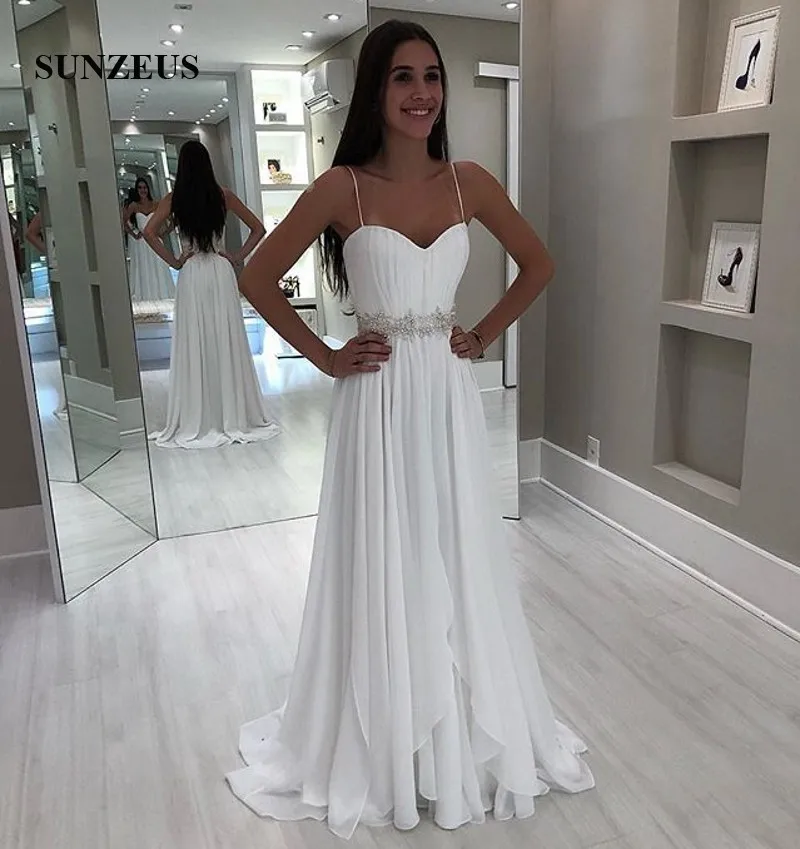 

2019 Summer Chiffon Bride Dress A-line Spaghetti Straps Sweetheart Beach Wedding Gowns Long Simple Marriage Dresses