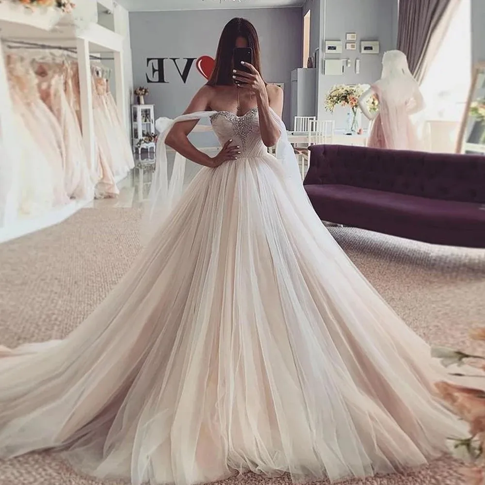 

Пляжные свадебные платья с бисером пышные тюлевые свадебные платья принцессы со шнуровкой с открытыми плечами Элегантное свадебное платье