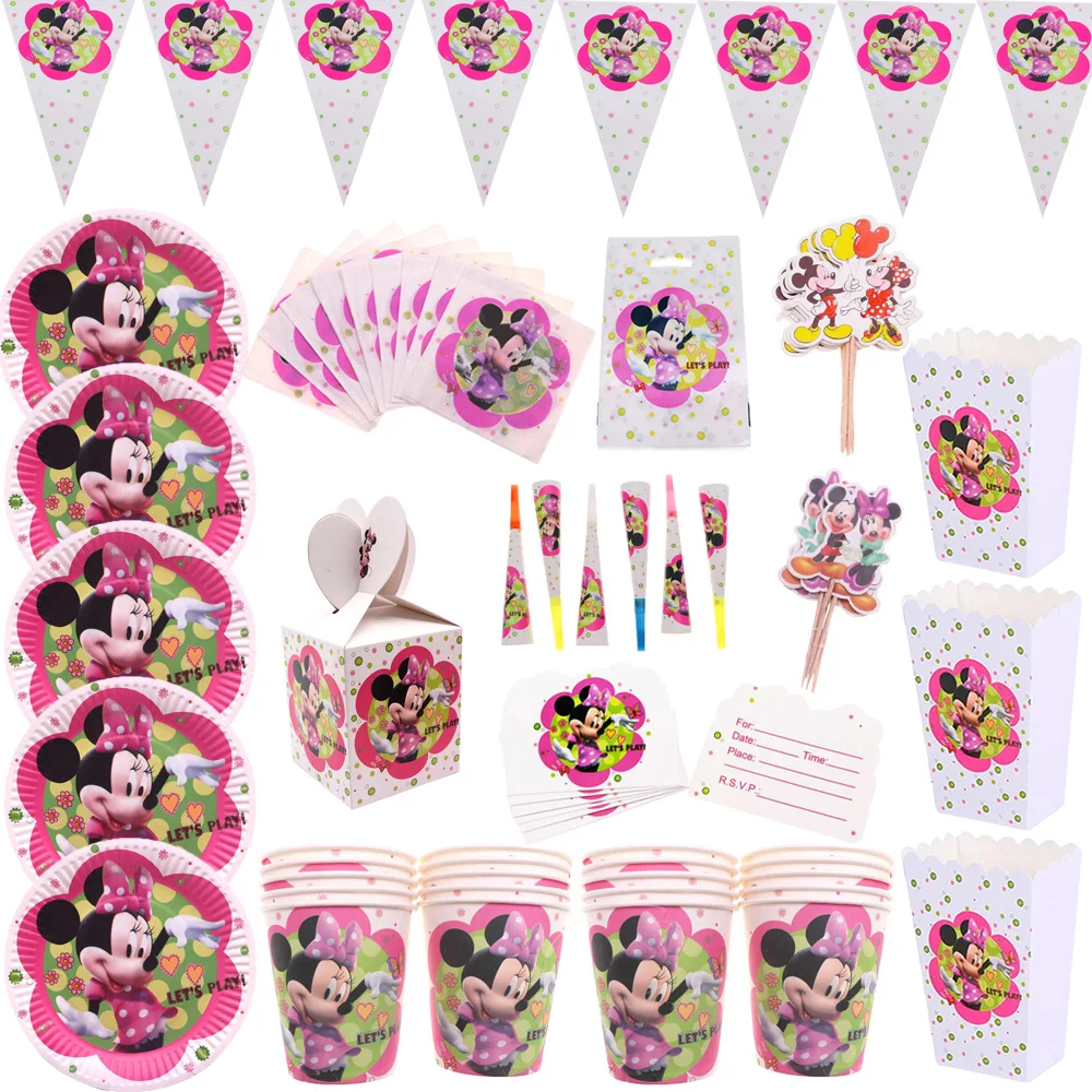 Kids Birthday Party Minnie Mouse Decoration Set Party Supplies Paper Cup Plate Napkins Banner/Flag Hat Straw Candy Box
