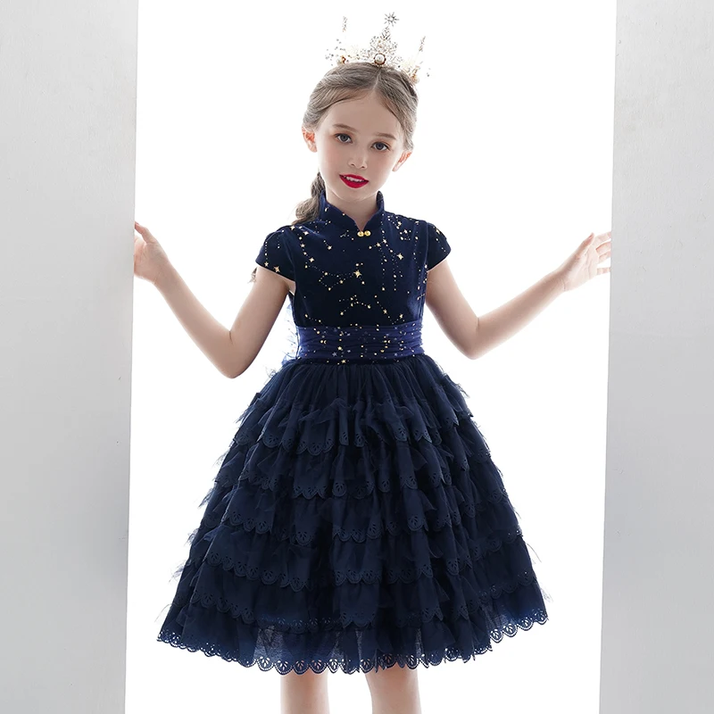 

Navy Blue Children Evening Dresses Short Vintage High Neck Sleeveless Flower Girl Dresses For Wedding Kids Special Occasion Gown