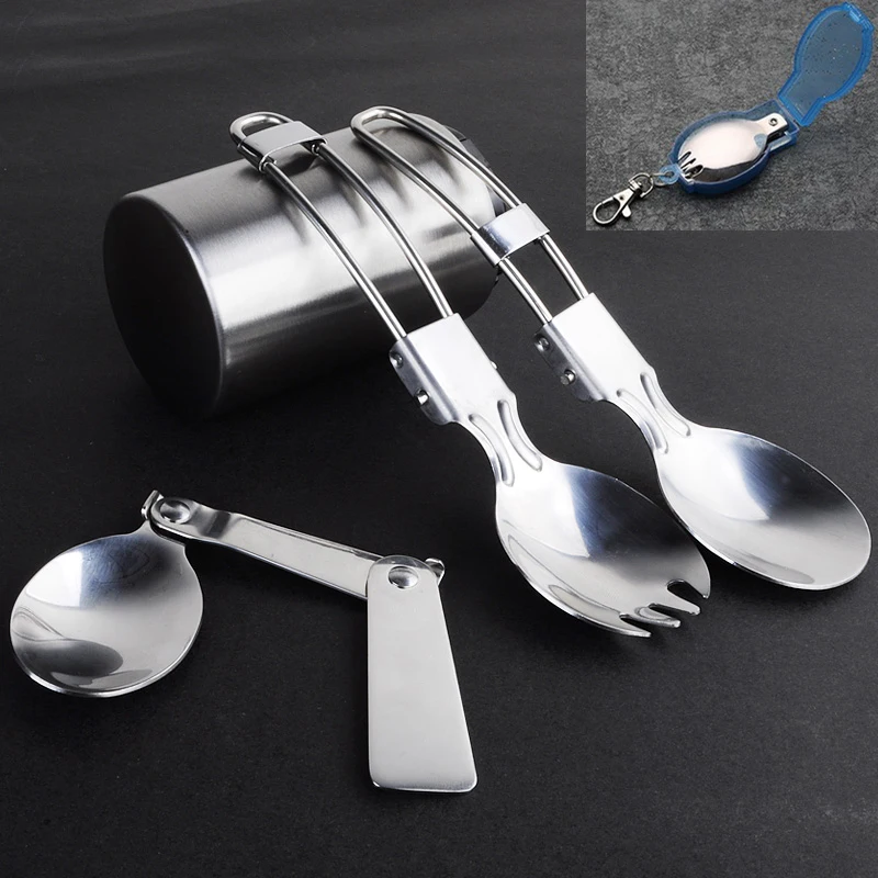 

Keychain Fork and Spoon Set Useful &Portable Outdoor Camping Survival Picnic Stainless Steel EDC Folding Soup Spoon