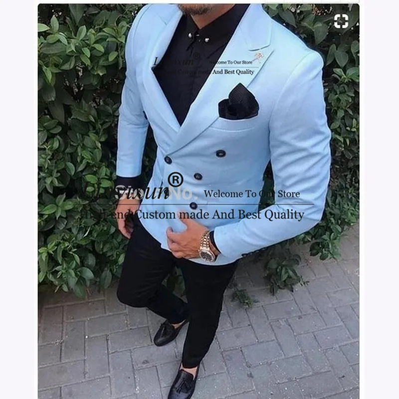 

Tailored Men Suit Coat Pant Casual Double Breasted Men Slim Fit Suit Sky Blue Tuxedo Groom Blazer Wedding Suit Terno Masculino