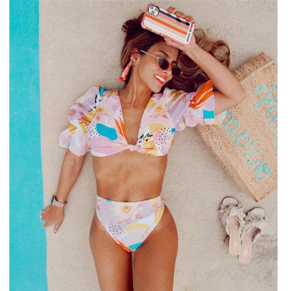

2021 New Sexy High Waist Bikini Set And Shirt Set Puff Sleeve Swimwear Bandeau Print Swimsuit Bathing Suit Beach Wear biquini