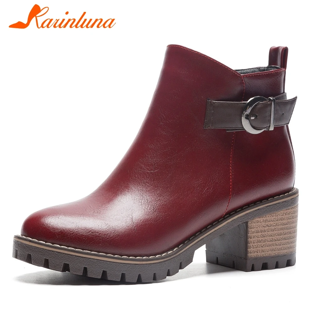 KARINLUNA/Новые Модные ботильоны, большие размеры 31-43 Женская обувь женская зимняя обувь на меху на молнии, не сужающемся книзу массивном каблуке, с ремешком и пряжкой женские ботинки