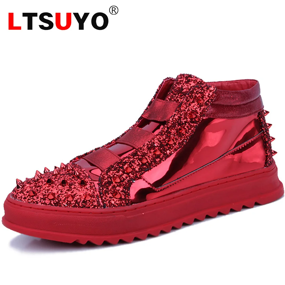 

Men's high-top sneakers with rhinestones and rivets for autumn and winter, men's thick-soled casual mid-bang boots