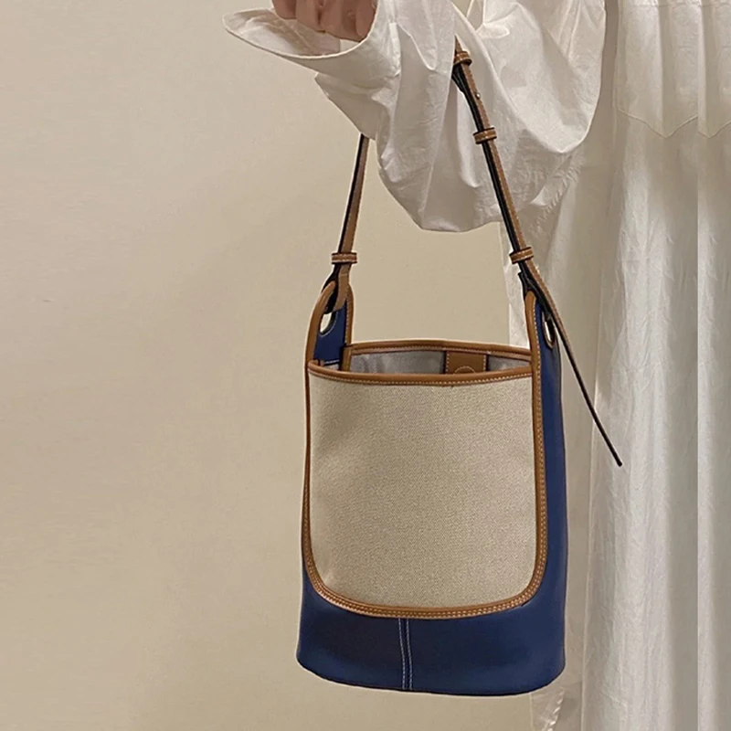 

Canvas And Leather Patchwork Women Shoulder Bag Large Capacity Bucket Crossbody Bags For Women Fashion Linens Splice Women's Bag