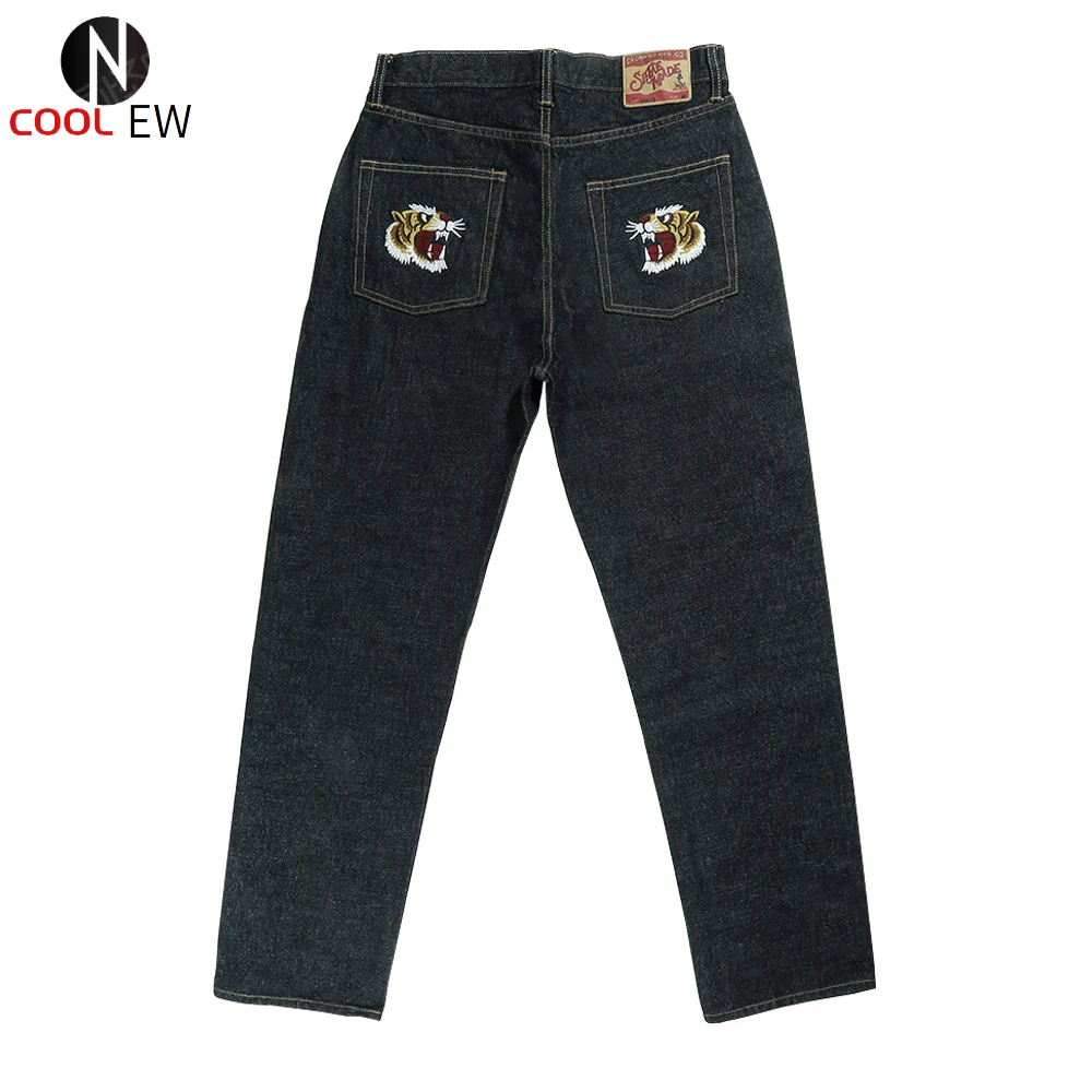 

Tiger Embroidery Black Jeans Mens Vintage Casual Denim Pants Loose Straight-leg Pants Trousers Men