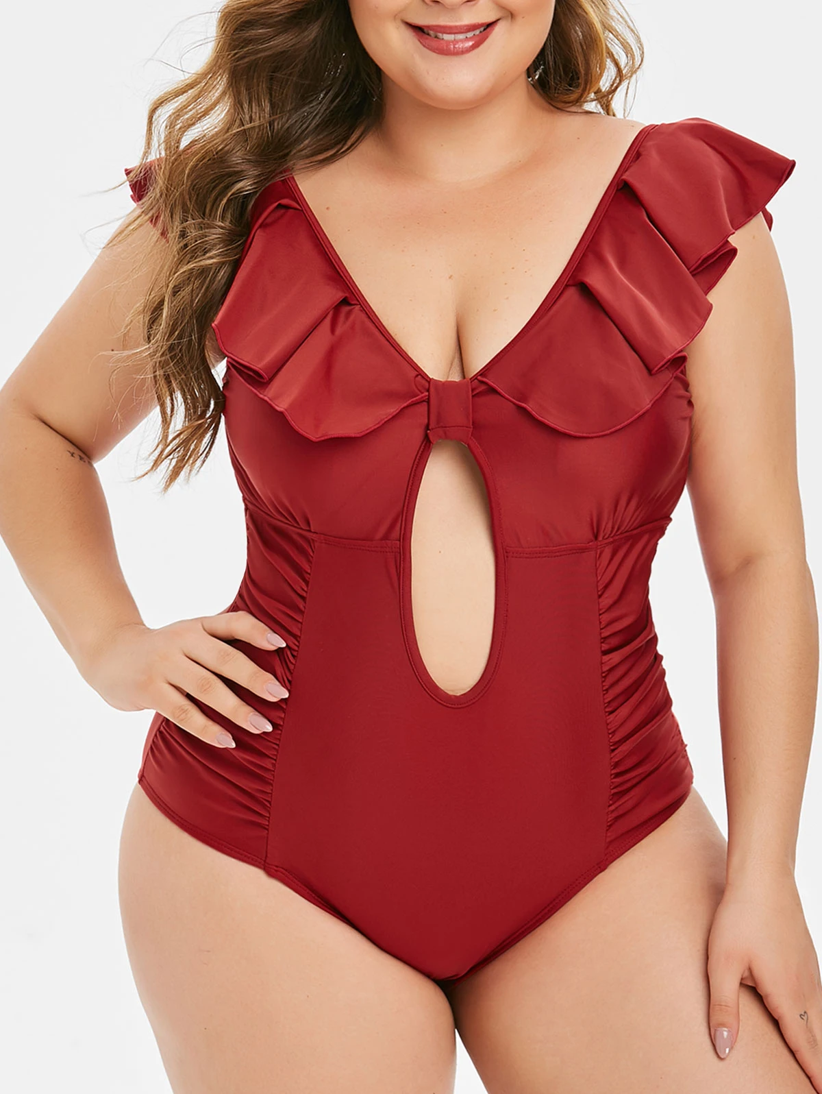 

2021 New Fattening One Piece Beachwear Plus Size Ruched Flounce Backless One-piece Swimsuit