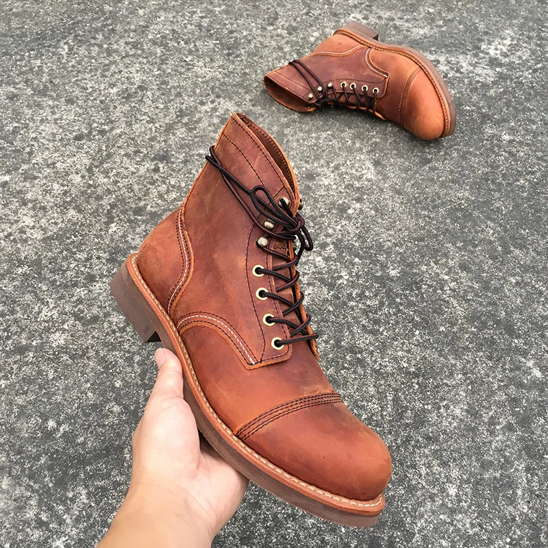 

Autumn Winter New Designer Vintage Genuine Leather wings Men Shoes Goodyear Welted red Men Ankle Boots Work Motorcycle Boots