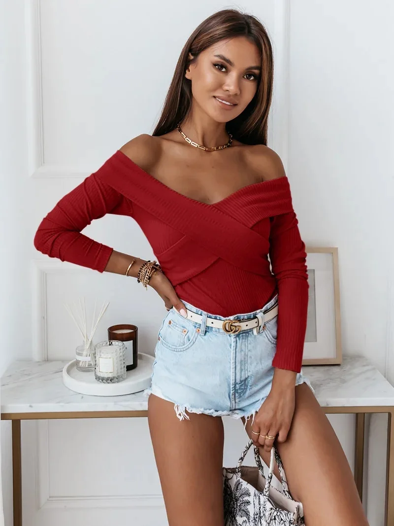 

2021 Fall Knitted Women's Pullovers Cross Long Sleeve Blouses Top Sexy Slim Pullovers T-shirt Women Office Lady Blouses Tops