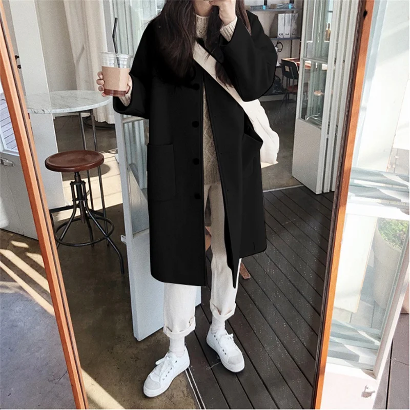 

2020 Winter Korean Fashion Wool Women Long Big Pockets Single Breasted Female Chic Elegant Woolen Cloth College Style Outwear