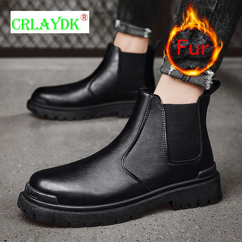 

CRLAYDK Winter Warm Men's Snow Boots Slip On Fur Lined Smooth Leather Water Resistant Shoes Ankle Business Formal Rain Botas