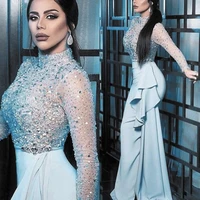 vestidos formales high neck beaded evening dresses 2021 long sleeve sparkly sequins prom party gown dubai morocco kaftan
