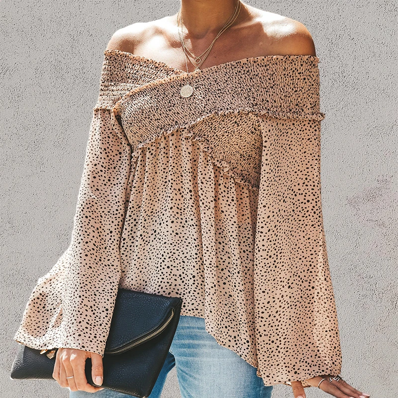 Valadenims Sexy off-the-shoulder T-shirt women's long sleeve one word collar ruffled edge slim top stretch street fashio |