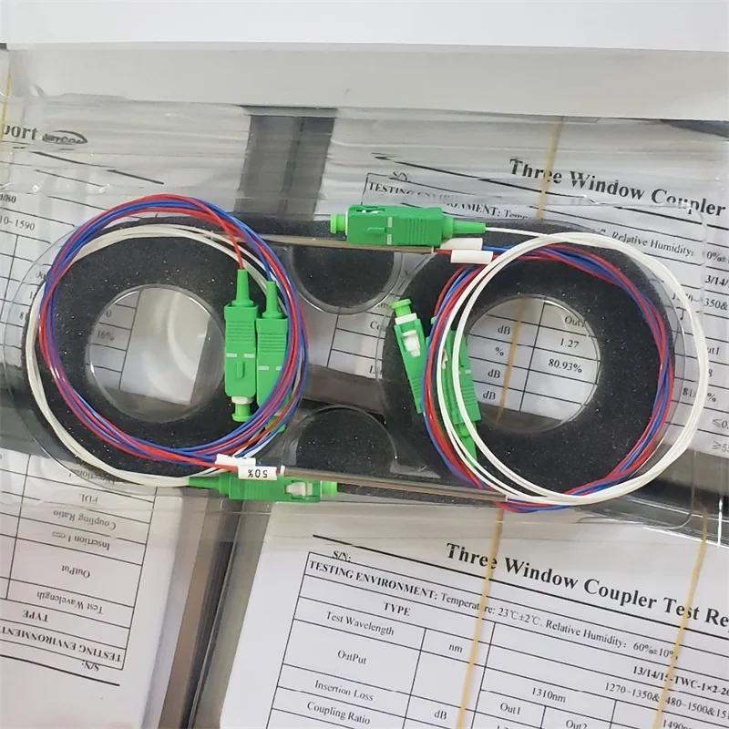 

10pcs packing fiber optic FBT splitter with connector SC APC 1x2 0.9mm unbalanced coupler 70/30 60/40 95/5 optional split ratio