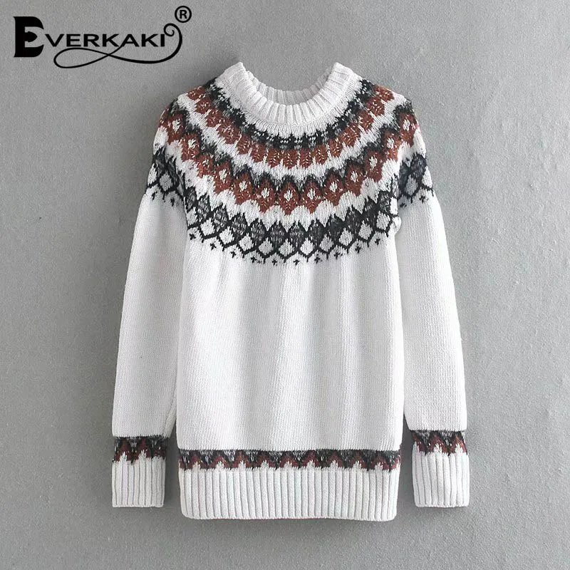 White Everkaki вязаные свитера пуловеры женские Boho осень зима цыганские элегантные женские богемные пуловеры свитер женский - Цвет: White