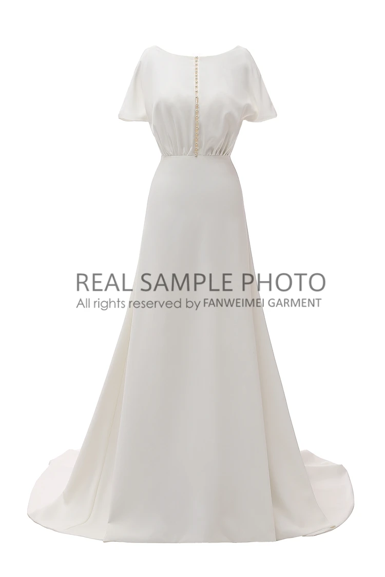

Soft Satin Sheath Simple Wedding Dress With Pearls Boat Neck Cap Sleeve Vintage Bridal Gown Plus Size Real Pictures #1212