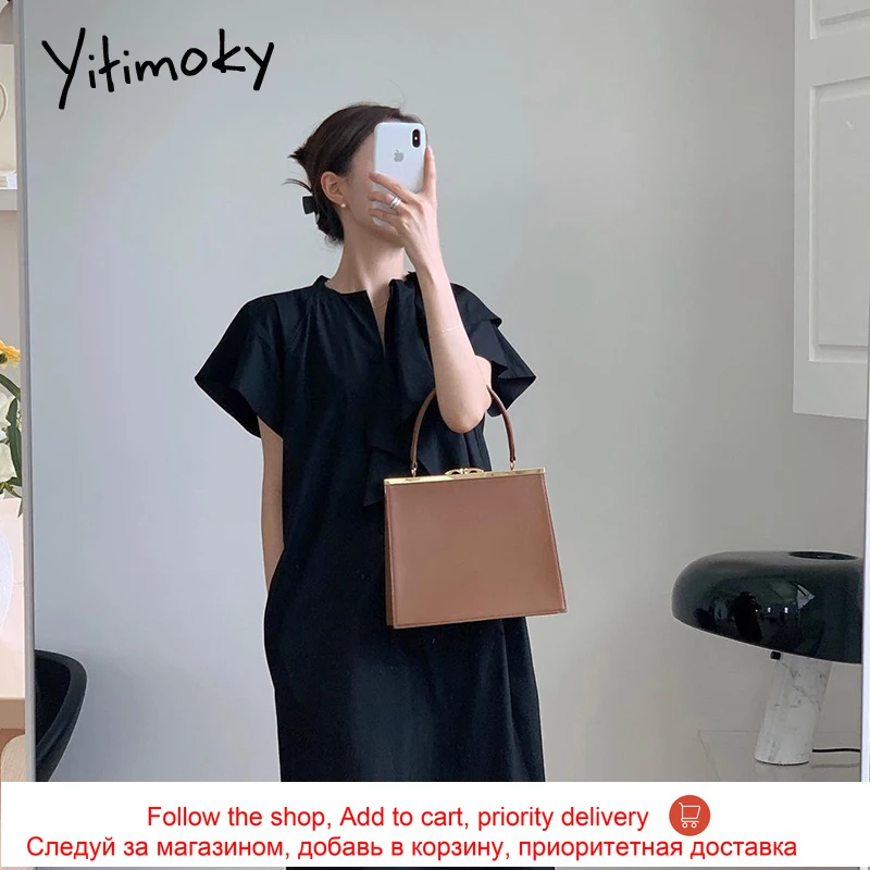 

Yitimoky Simple Woman Dress O-Neck Spliced Ruffle Flying Sleeve 2021 Summer Fashion Korean New Loose Waist Bandge Long Dresses