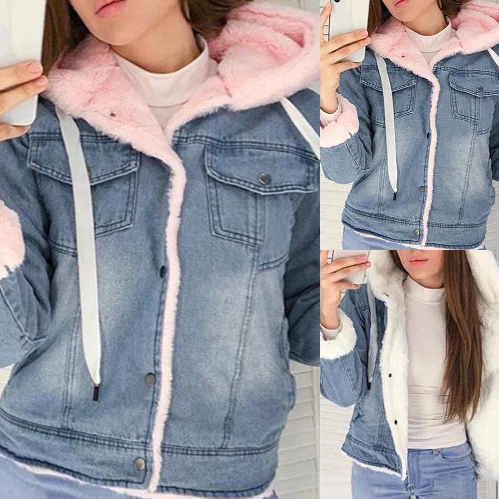 2020 New Women Denim Jacket with Fur Winter Jeans Warm Hooded Velvet Femme Collar Padded Coats Windbreake | Женская одежда