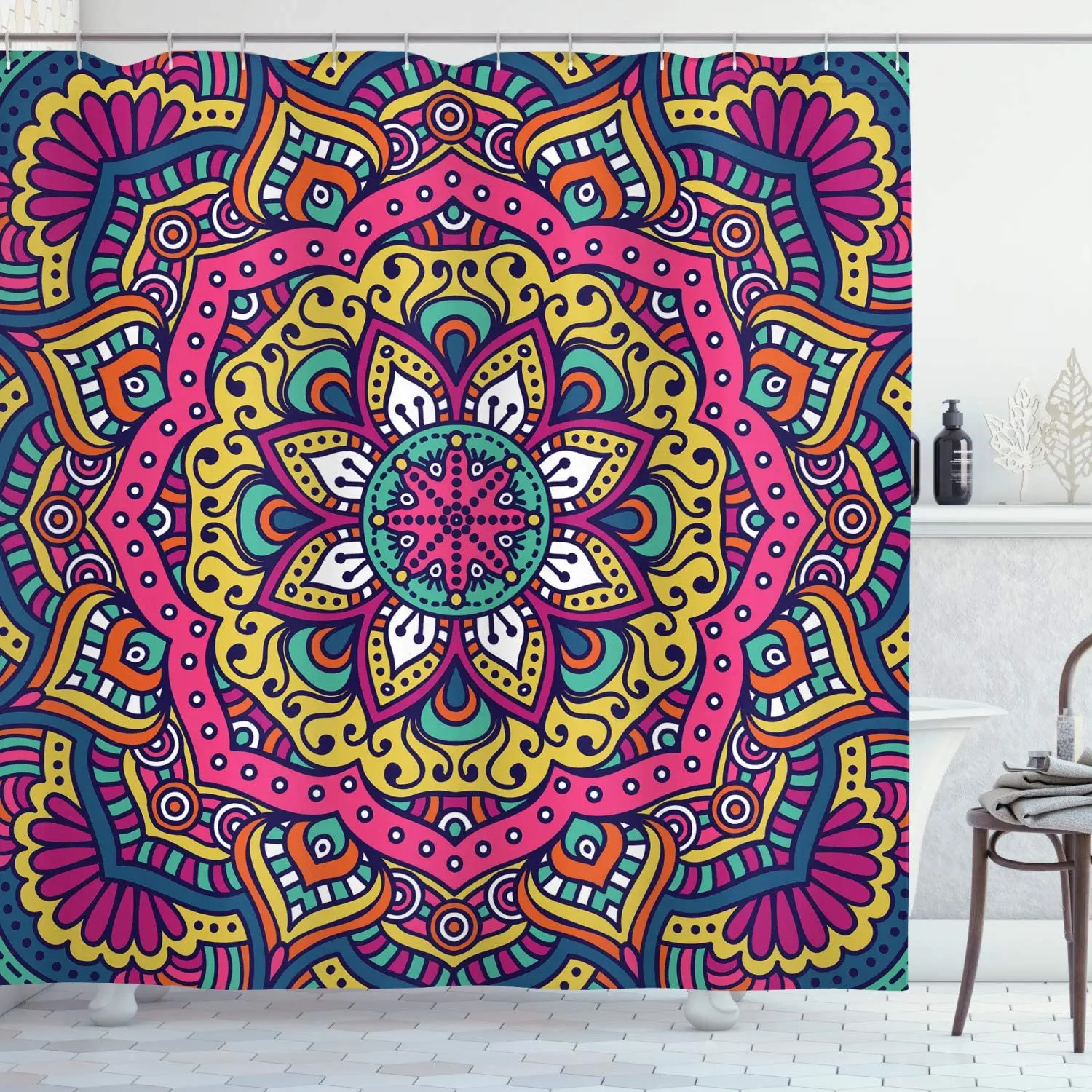 

Purple Shower Curtain Ethnic Mandala Decor Geometric Floral Meditation Design Psychedelic Round Polyester Fabric Bathroom Set