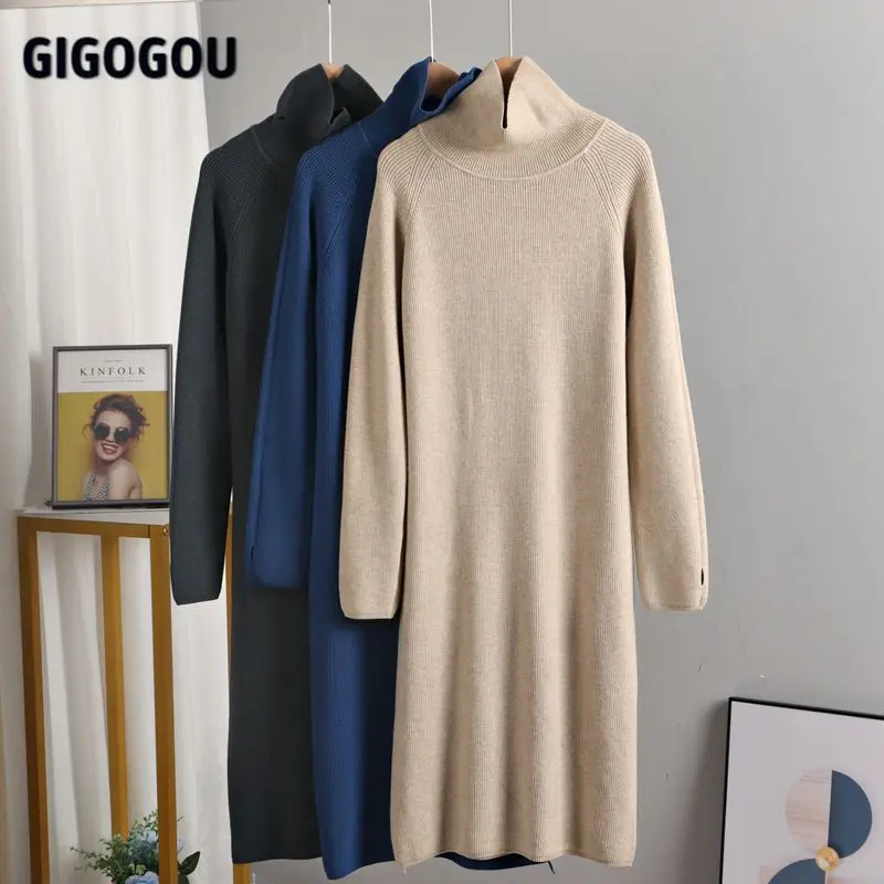 Женское трикотажное платье-свитер GIGOGOU длинное плотное теплое платье средней