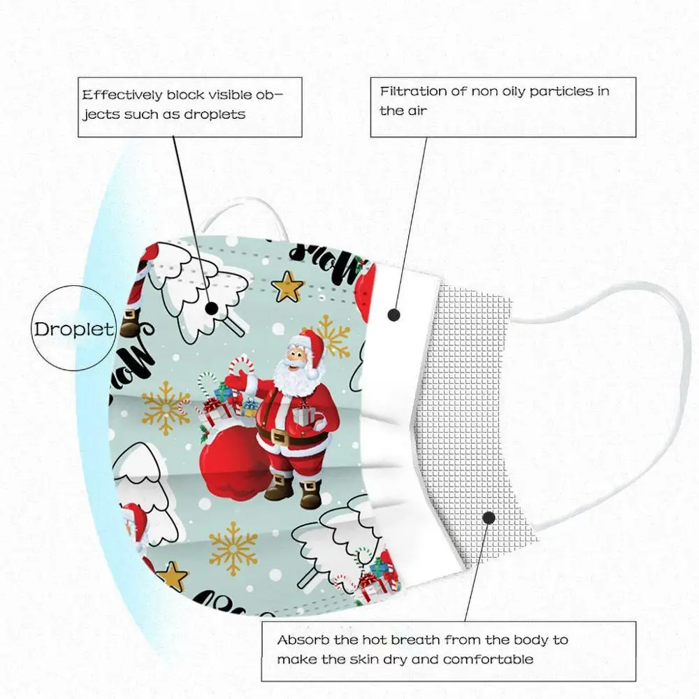 10 шт. Рождественская Маска для лица одноразовые Санты 3 слоя ушные петли взрослых