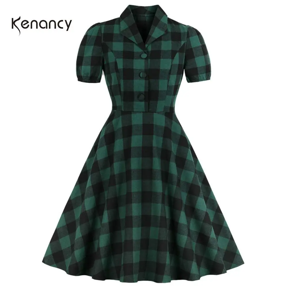 Женское клетчатое платье Kenancy винтажное рокабилли летнее с отворотом коротким рукавом и карманами на