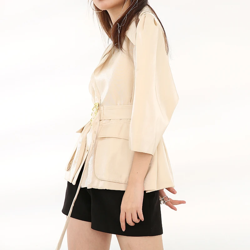 

DEAT 2021 New Spring Fashion Women Clothes Turn-down Collar Three Quarter Sleeves PU Leather High Waist Belt Jacket JH58206