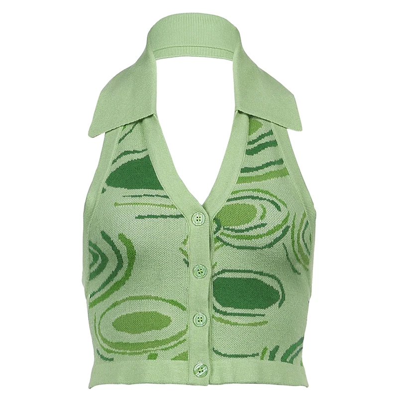

YICIYA Y2K Printed Sexy Backless Knit Halter Crop Tank Top Women Summer Casual Sleeveless Te Fashion Green VNeck Vest Ropa Mujer