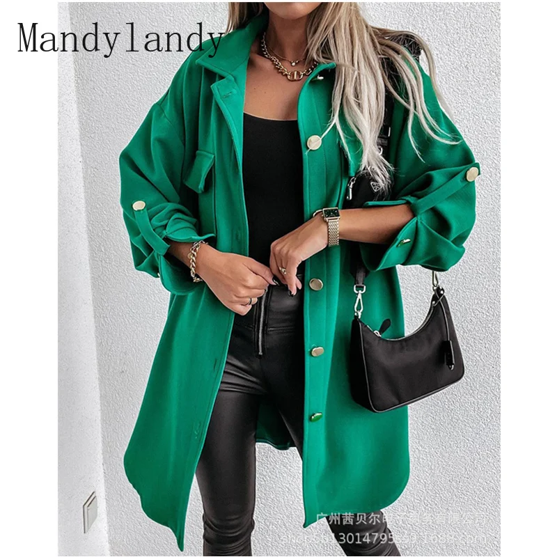 

Женская элегантная Осенняя Свободная куртка Mandylandy, Женская Повседневная модная однобортная ветровка с длинным рукавом и отложным воротник...
