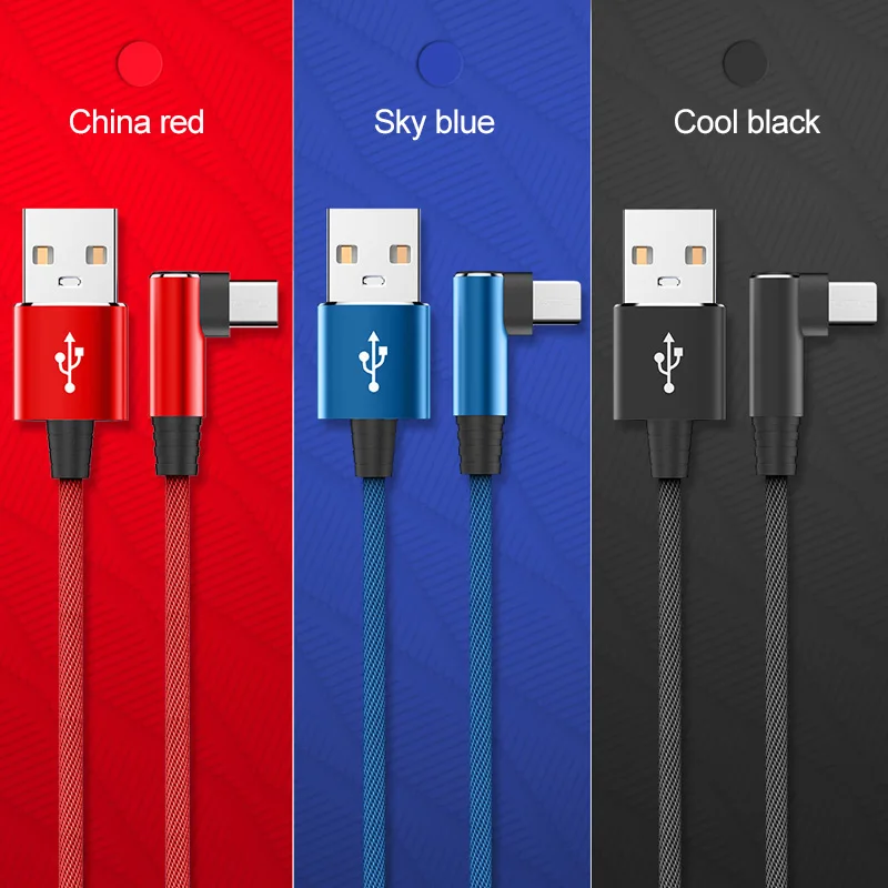 

3PCS 90 Degree Elbow Weave Type-C Data Cable Charging Cable USB C Cable For Xiaomi Mi 8 Samsung Galaxy S10 Plus Mobile Phone