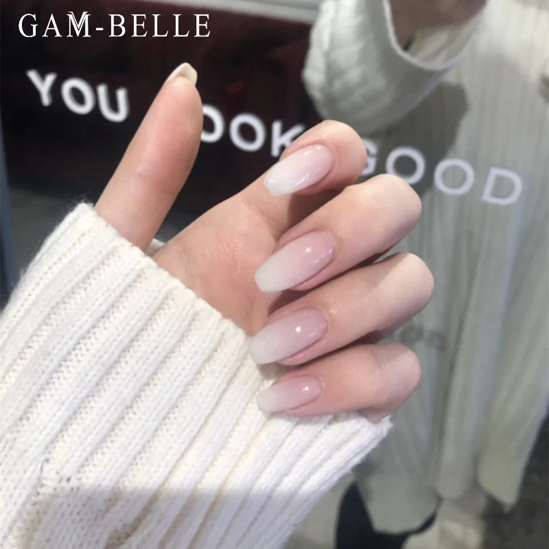

GAM-BELLE обнаженные белые градиентные накладные ногти балерины полные поддельные ногти съемный французский пресс на ногтях DIY маникюрные инст...