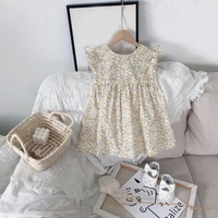 dress floral print flying sleeve middle length kids pleated wide hem dress for daily wear