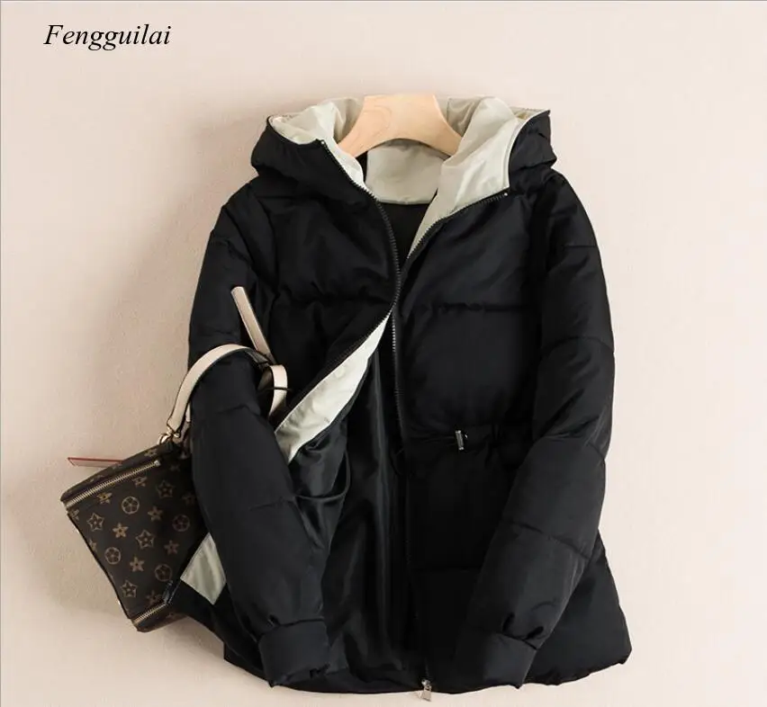 

Down jacket pure color with thick down clothes hidden-interlocking hooded cotton-padded jacket