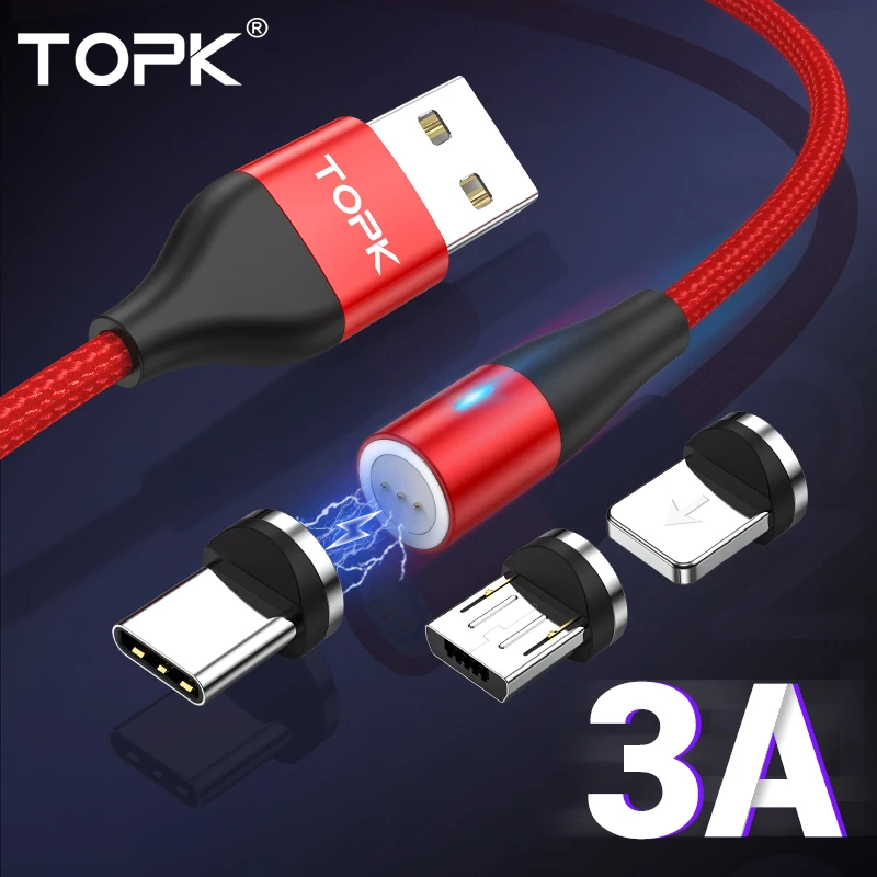 Магнитный usb кабель TOPK 1 м 3 А для быстрой зарядки и передачи данных iPhone Xs Max
