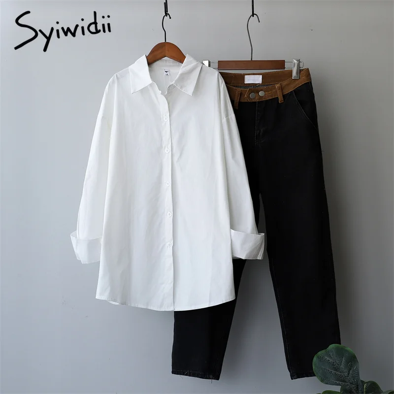Syiwidii Button Up Shirt Pink Cotton Long Sleeve Blouse Woman Loose Oversize Office Lady Tops Korean Fashion Fall 2021 New | Женская