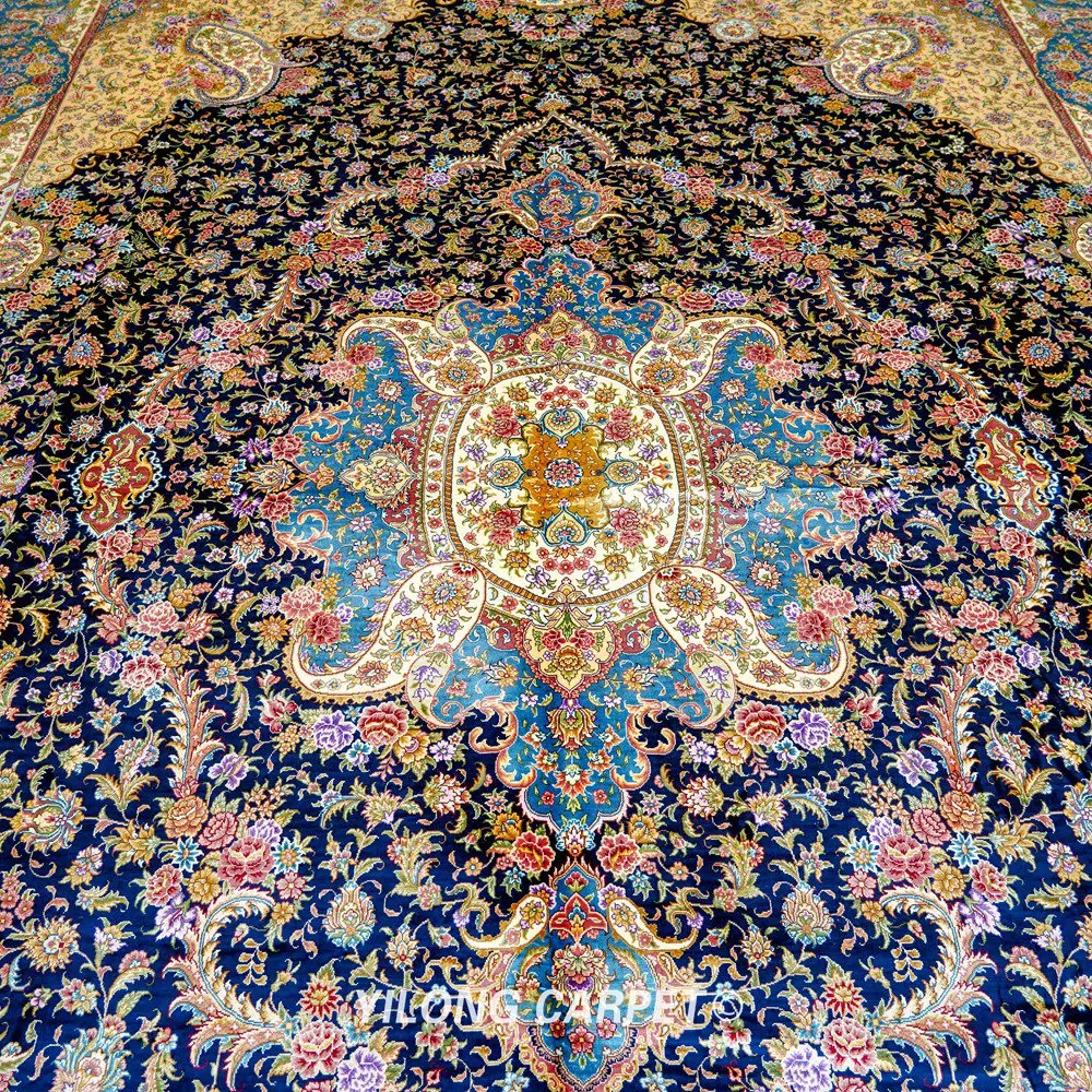 Восточные шелковые коврики Yilong 10 'x 14' персидский медальон большой синий