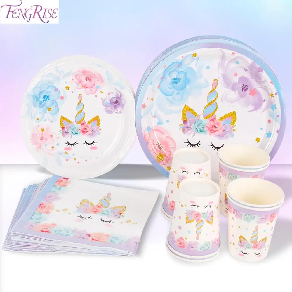 Единорог День Рождения Декор Дети рождения одноразовая посуда одноразовые