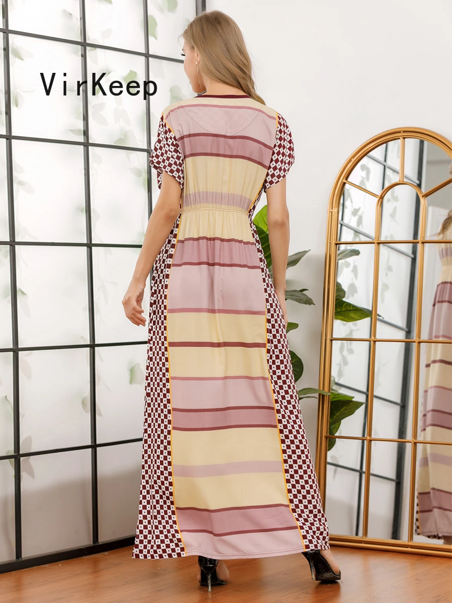 

bohemian fashion new summer women plaid print maxi dress short sleeve robe Female elastic waist gown lady garment VKDR2470