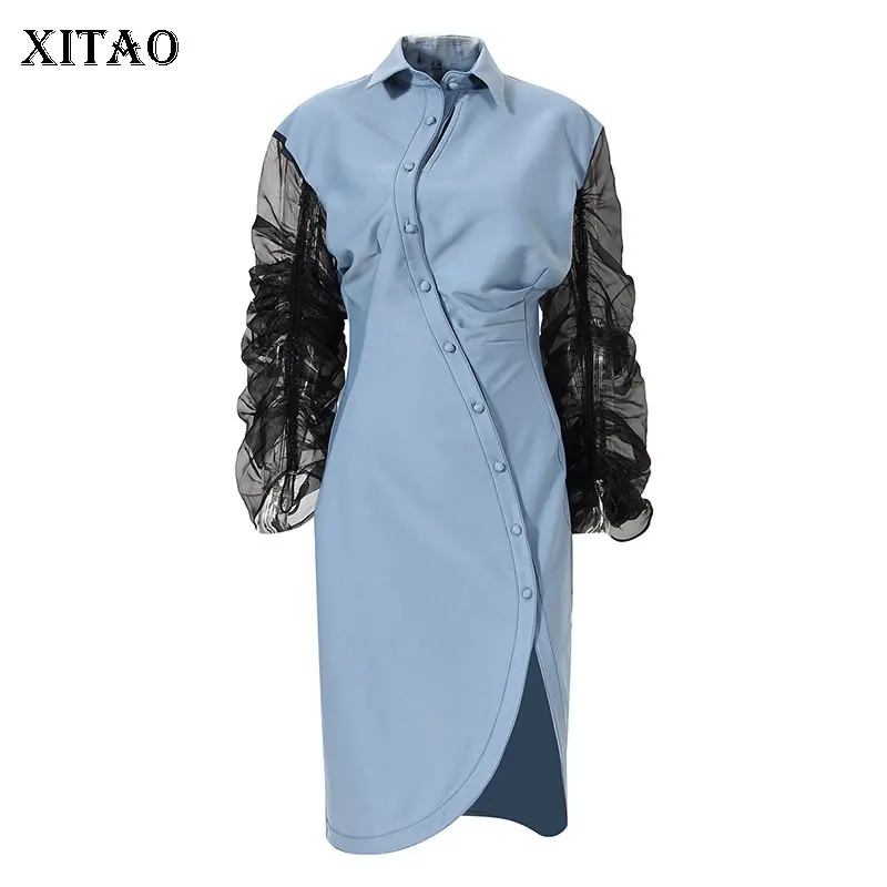 

XITAO лоскутное Плиссированное однобортное асимметричное платье с рукавами-крылышками; Новинка 2021 года; Сезон осень; Повседневная модная уни...