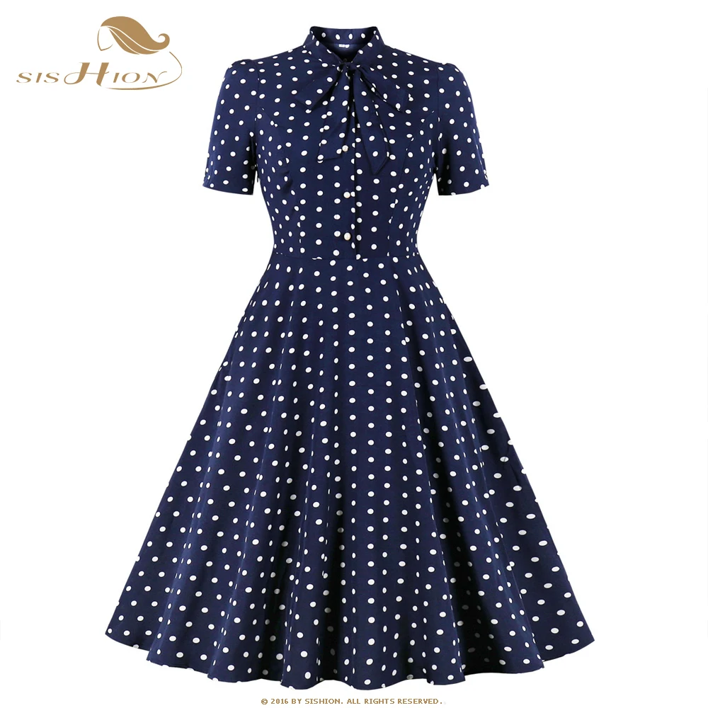 

SISHION Vintage Short Sleeve Midi Dress Shirt Women Polka Dot Print Blue Sundress Bow Tie Neck Pleated Dress SP1579